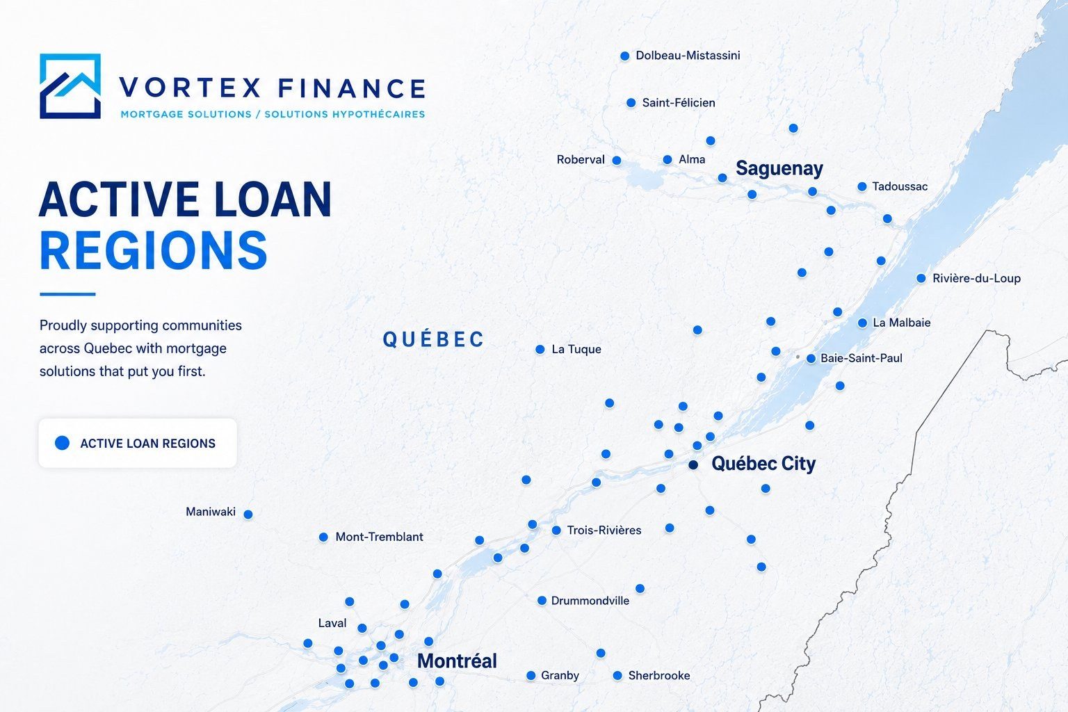 Map of the Quebec regions served by Vortex Finance
