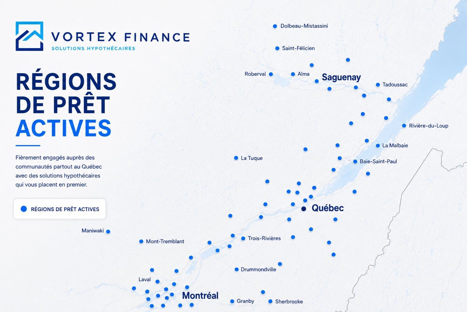 Carte des régions desservies par Vortex Finance au Québec