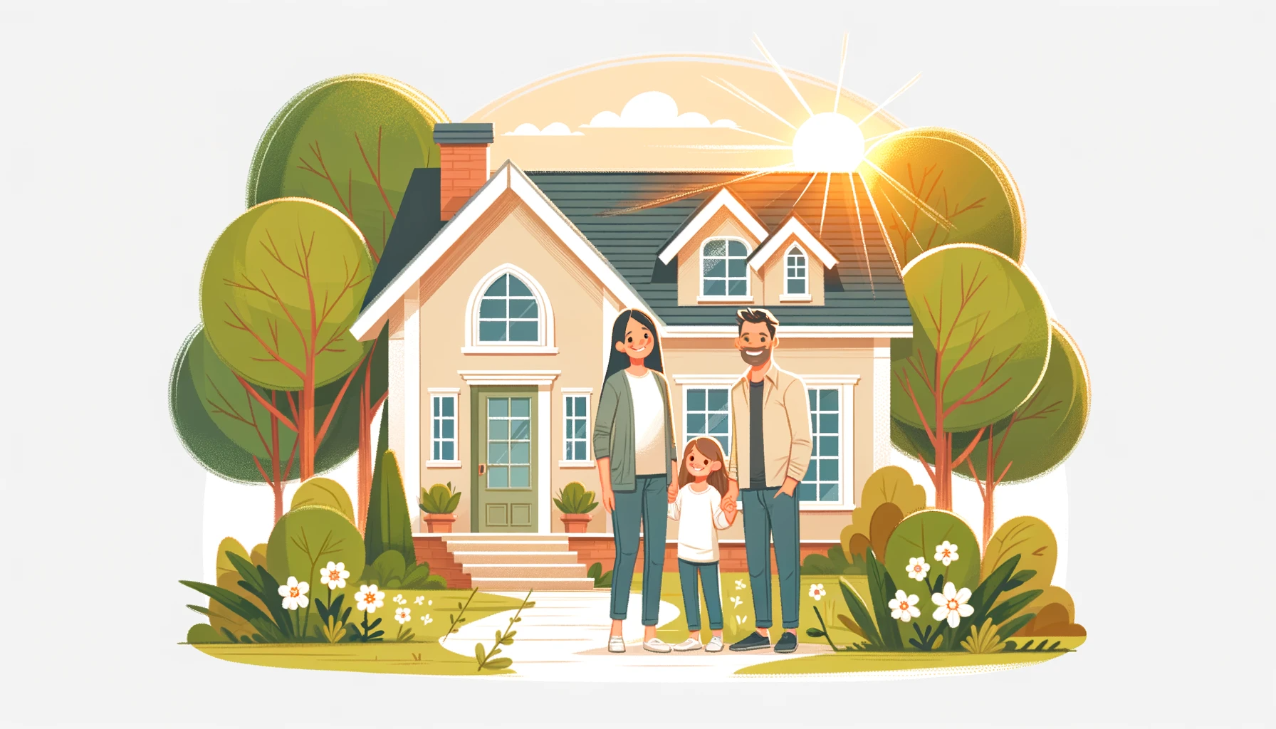 rectangular image for a blog about mortgage advantages depicting a happy family in front of their new home surrounded by lush greenery warm and inv